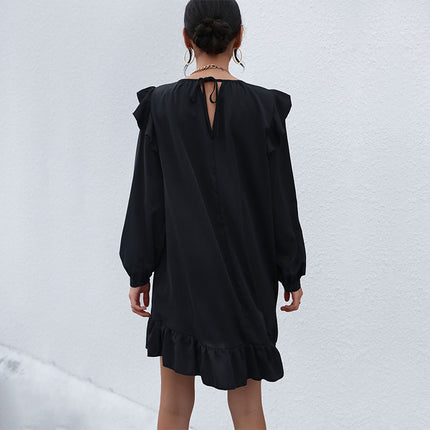 Wholesale Women's Fall Round Neck Ruffle Pleated Long Sleeve Short Dress