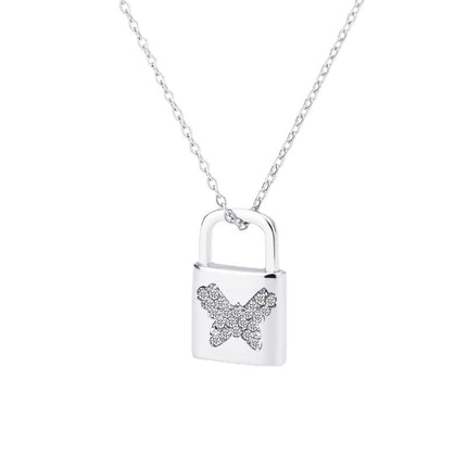 Creative Lock Pendant Necklace Rhinestone Butterfly Clavicle Chain