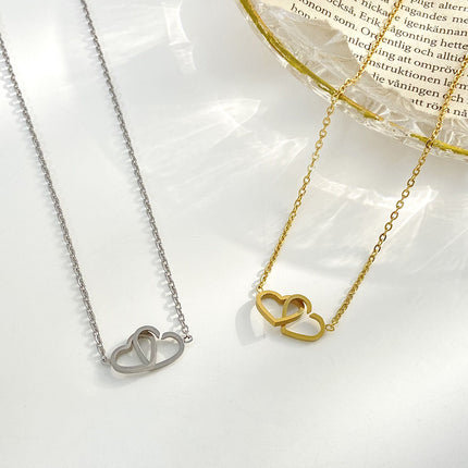 Fashion Geometric Double Ring Heart Interlocking Necklace
