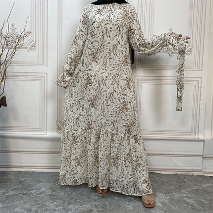 Wholesle Muslim Print Bell Sleeve gefüttertes Mode-Chiffon-Kleid