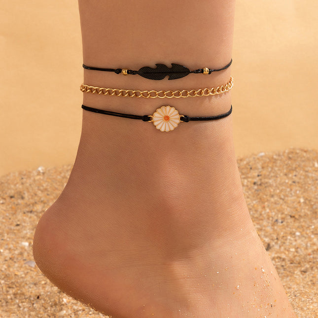 Drip Daisy Black Feather Braided Rope Triple Layer Anklet