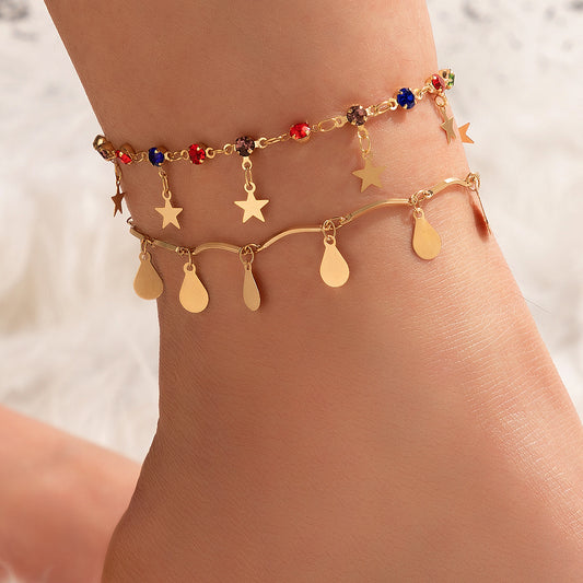 Wholesale Colorful Rhinestone Alloy Star Disc Double Layer Anklet