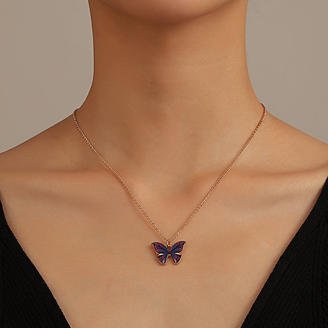 Collar de mariposa púrpura de aceite por goteo Cadena de clavícula simple de moda