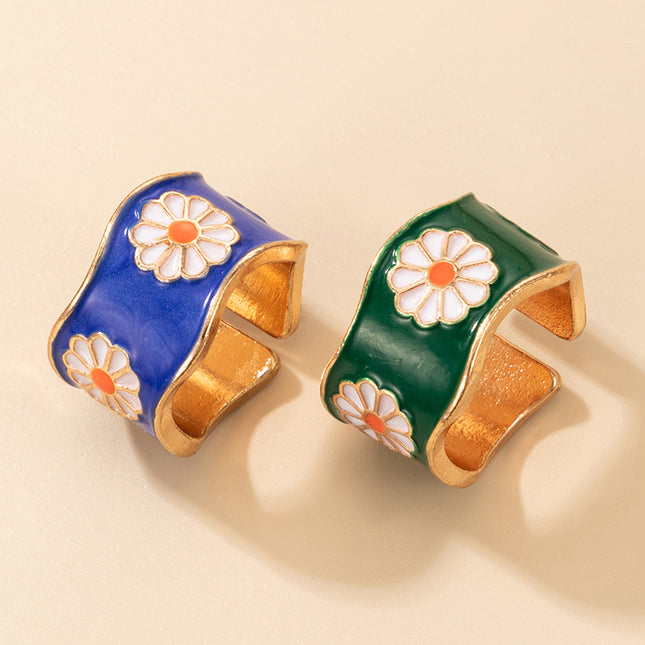 Drip Oil Open Ring Small Daisy Flower Ring Multi-Piece Set