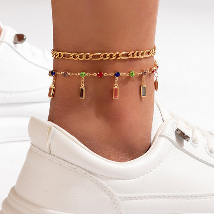 Colorful Oil Drop Chain Rhinestone Butterfly Disc Multilayer Anklet