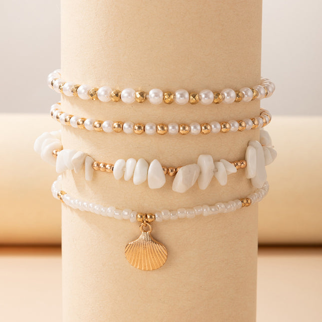 Stone Beaded Pearl Shell Four-tier Anklet