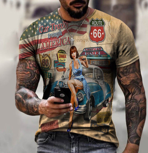 Camiseta de manga corta con estampado 3D vintage suelto informal para hombre