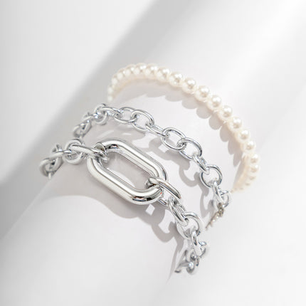 Simple Imitation Pearl Beaded Metal Buckle Chain Bracelet Set
