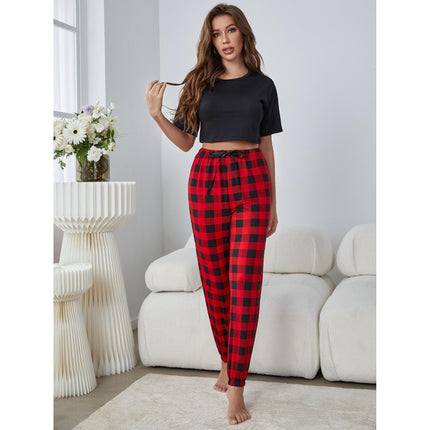 Ladies Homewear Plaid Short Sleeve Trousers Pajama Set