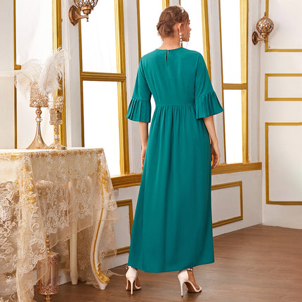 Wholesale Women's Round Neck Pleated Long Sleeve High Waist Long Dress