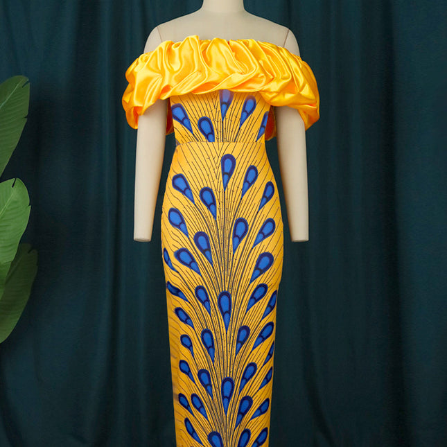 Damen Print Elegant Wrap Hip One Shoulder Tube Top Abendkleid