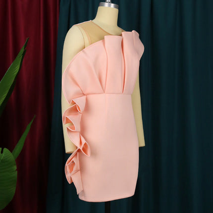 Wholesale Ladies Mesh Perspective Stitching Ruffle Mini Party Dress