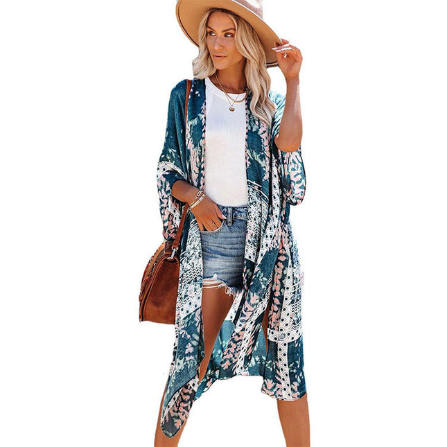 Ladies Casual Mid-length Loose Tulle Printed Blouse Sun Protection Coat