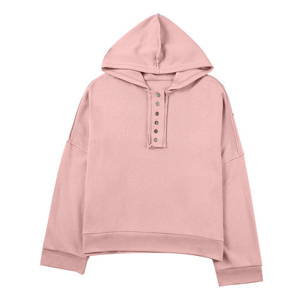 Solid Color Button Raw Edge Loose Fashion Pullover Hoodie