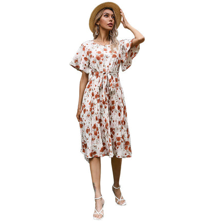 Wholesale Women's Summer Floral Ruffle Sleeves Round Neck Tie Pleated Print Dress