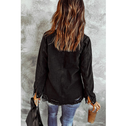 Wholesale Women's Fall Winter Black Long Sleeve Ripped Shirt Denim Jacket