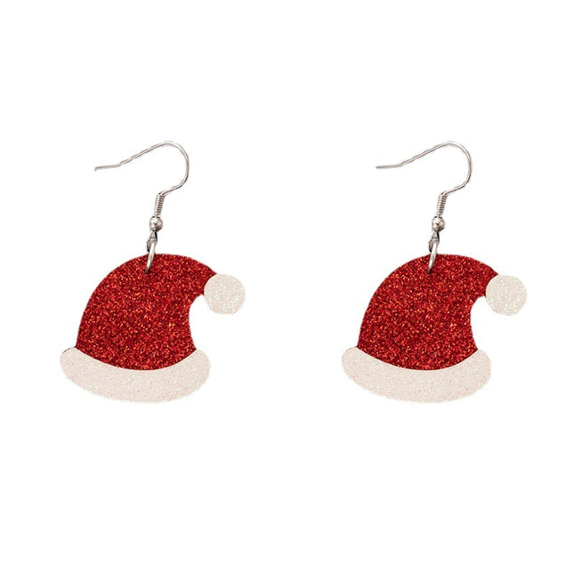 Red Glitter Christmas Hat Ear Hook Animal Elk Cartoon Earring