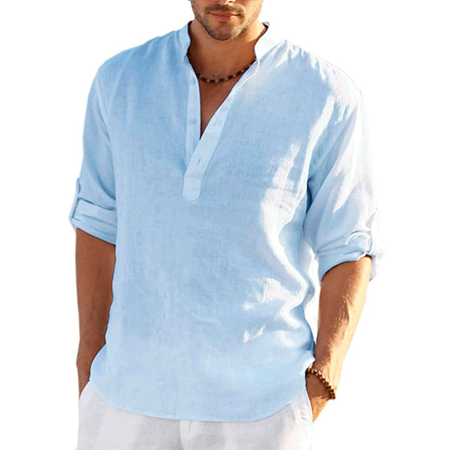 Camisa de lino de algodón de manga larga de color liso para hombre