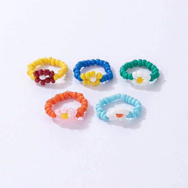 Hand Beaded Multi-Piece Ring Colorful Braided Floral Flower Ring