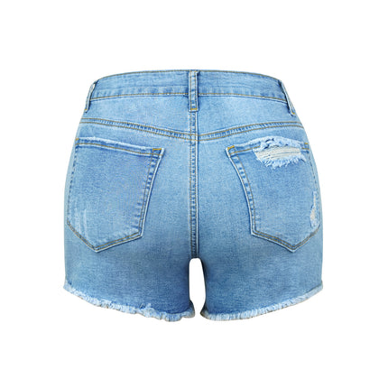 Damen-Shorts aus hochelastischem, dünnem, zerrissenem Jeansstoff mit mittlerer Taille