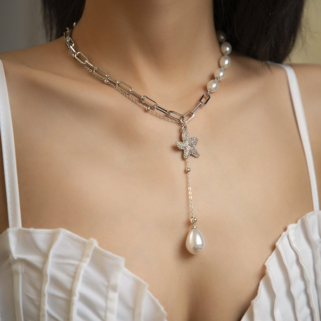 Metal Chain Imitation Pearl Necklace Starfish Clavicle Choker