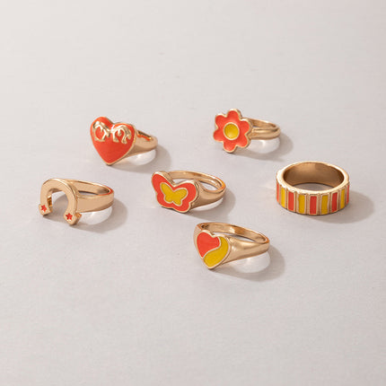 Love Flower Rice Bead Butterfly Color Drip Ring Six-Piece Set