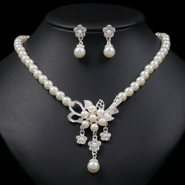 Fashion Pearl Flower Necklace Earrings Set Women Jewelry Alloy Plating