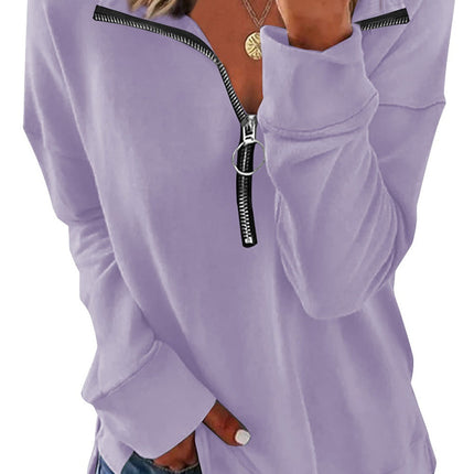 Solid Color Zipper Lapel Long Sleeve Pullover Sweatshirt