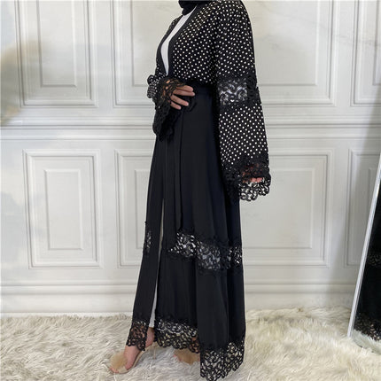 Lace Stitching Polka Dot Turkish Islamic Cardigan Muslim Abaya