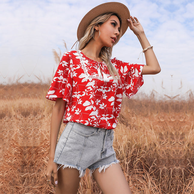 Damen-Sommer-Rot-Print Kurzarm-Spitze V-Ausschnitt-Shirt