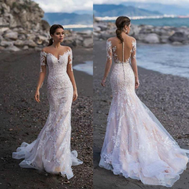 Wholesale Bridal Backless Small Trailing Slim Long Sleeve Wedding Dress