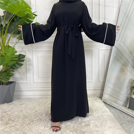 Wholesale Muslim Ladies White Trim Solid Oversized Tie Dress