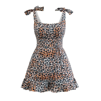Wholesale Women's Leopard Print Strap Ruffle Backless Jumpsuit