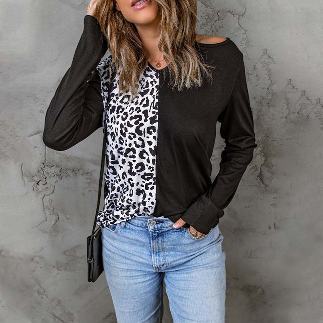 Women's Leopard Print Ladies Pullover Loose Long Sleeve Hollow T-Shirt