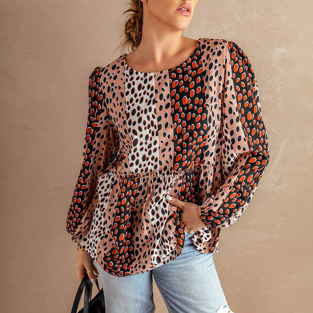 Camiseta de cuello redondo suelto informal de manga larga con estampado de leopardo