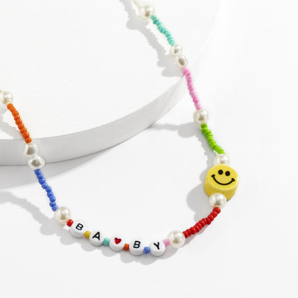 Colorful Rice Bead Alphabet Pearl Smiley Face Necklace