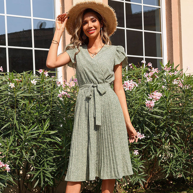 Wholesale Women's Summer Printed Skirt Pleated V Neck Dress