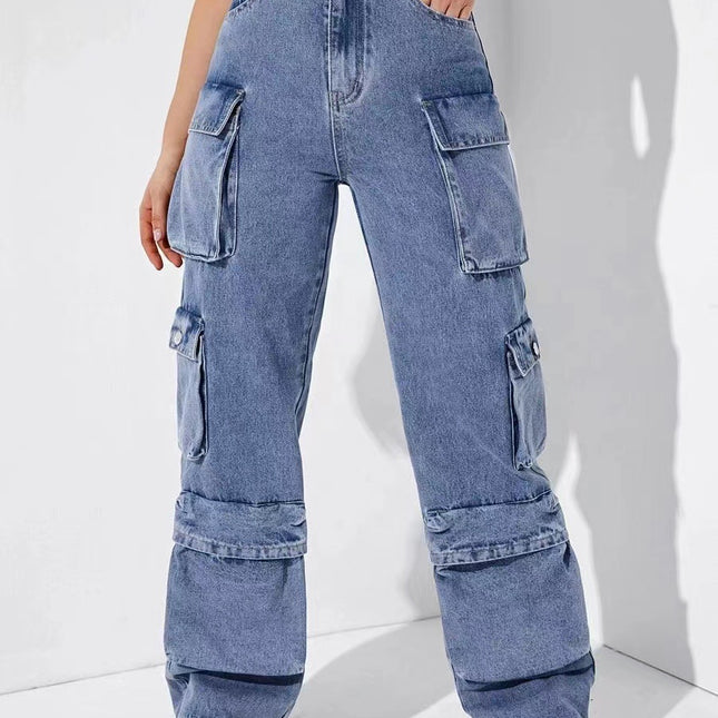 Jeans cargo de pierna recta con cintura alta y múltiples bolsillos con cremallera