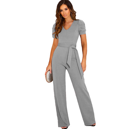 Wholesale Women's Solid Color Casual V Neck Short Sleeve Flared Jumpsuit
