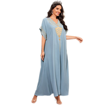 Wholesale Dubai Muslim Women's V Neck Applique Short Sleeve Dress