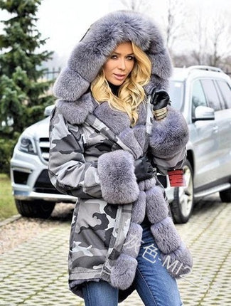 Wholesale Women's Faux Fur Panel Long Camouflage Hooded Padding