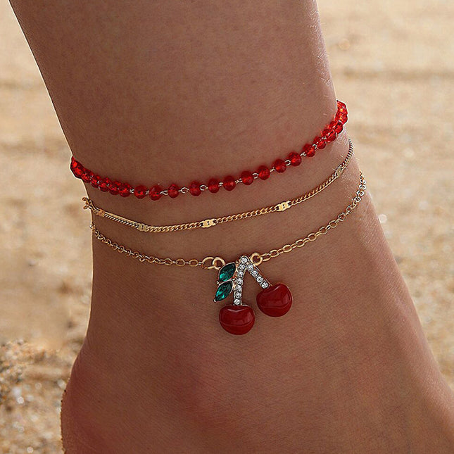 Red Rice Bead Beaded Multilayer Anklet