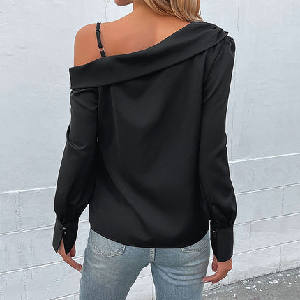 Wholesale Ladies Fashion Irregular Black Off Shoulder Long Sleeve Shirt
