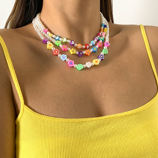 Perlen-Acryl-Pfirsich-Herz-Halskette Einfache Stern-Lächeln-Halskette