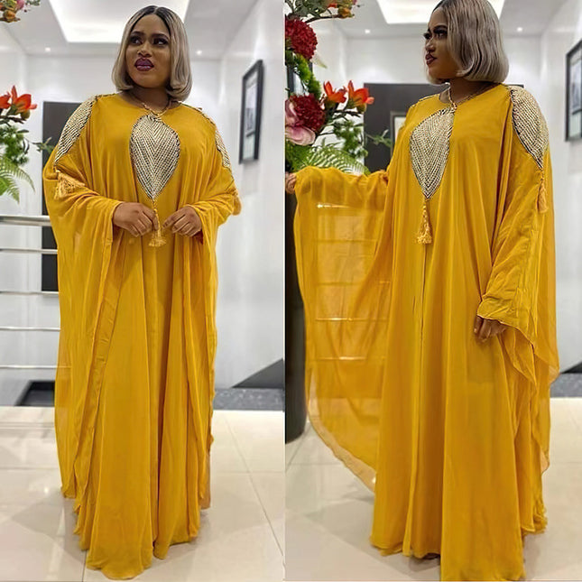 Wholesale Muslim Women's Chiffon Sequin Embroidery Tassel Long Robe Dress