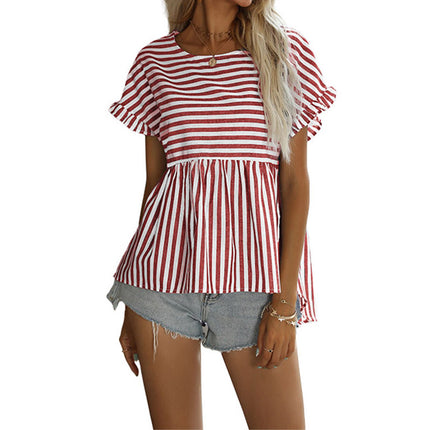 Wholesale Ladies Summer Ruffle Short Sleeve Pullover Striped Shirt
