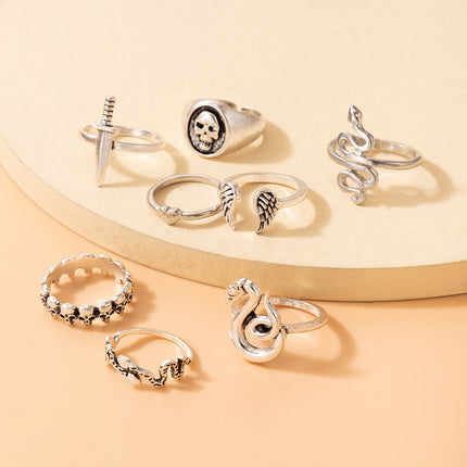 Wholesale Fashion Snake Heart Vintage Skull Ring Set of Eight