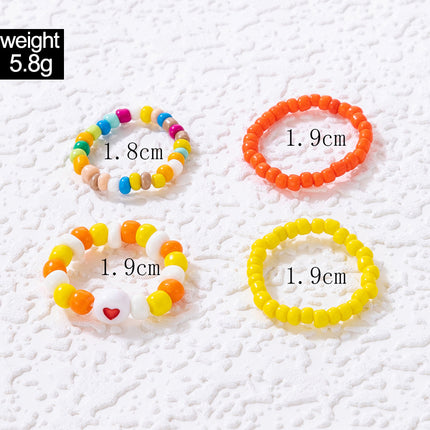 Candy Color Beaded Colorful Rice Bead Heart Four-Piece Ring Set