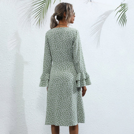 Wholesale Women's Printed Long Sleeve French Ruffle Sleeve Slit Dress