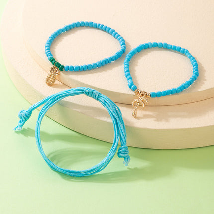 Rice Beads Beaded Alloy Pineapple Coconut Cord Three Layer Bracelet Set